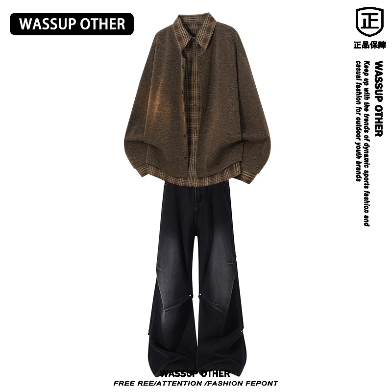 Wassup Other Fake Two-Piece Plaid Casual Suit Men's Spring and Autumn Washed Denim Pants Trendy Two-Piece Set for Men