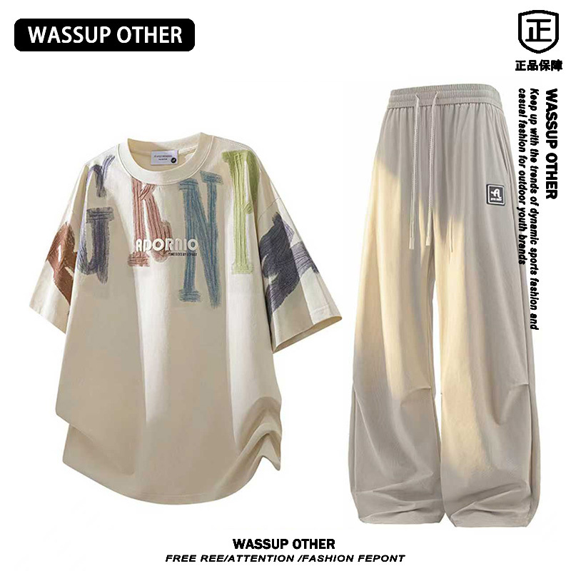 Wassup Other Letter Printed Short-Sleeved T-Shirt Set Summer Sports Quick-Drying Youth Two-Piece Set for Men