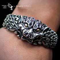 Cangji handmade bracelet S925 silver carving Pixiu retro Chinese style domineering open bracelet silver bracelet jewelry