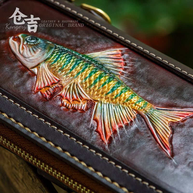 Carved Leather Wallet! Cangji Handmade First-Layer Cowhide Carved Long Zipper Wallet for Men and Women, Clutch Bag