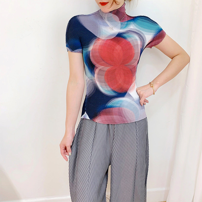 Miyake pleated T-shirt women's 2021 summer new short-sleeved elastic large size slim fit half turtleneck top
