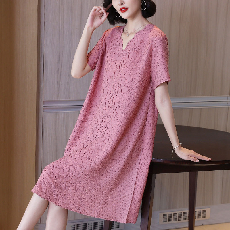 Three Home Clothes Women's Lifetime Folds Foreign Dress Your Wife's Middle Aged Mother Dress Summer New High-end Shade Short Sleeves