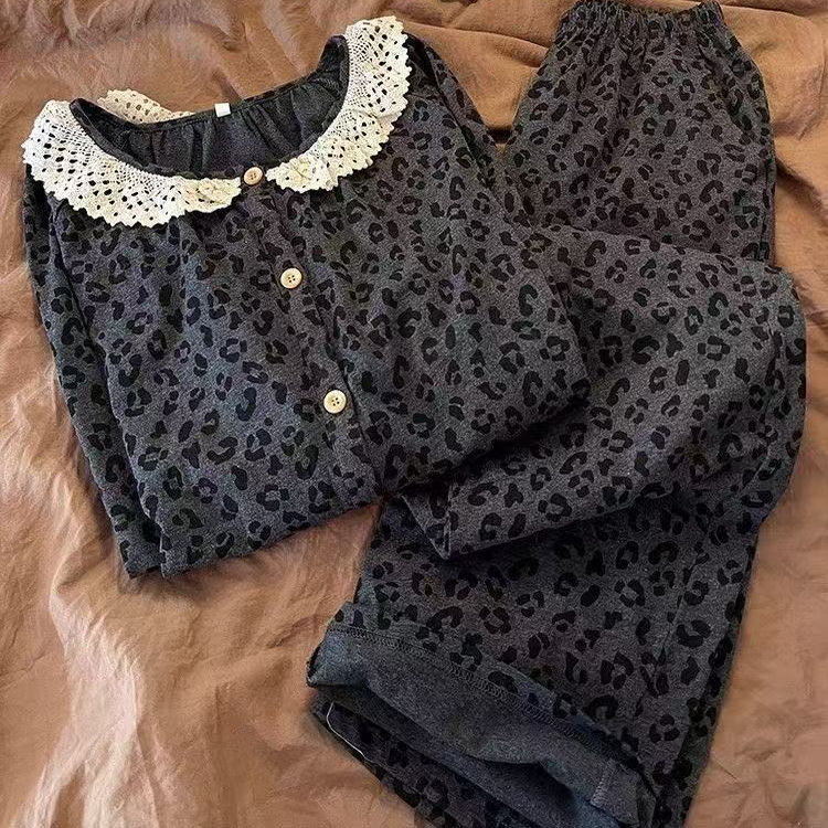 New Fashionable Leopard Print Pajamas for Women, Korean Style Sweet Lace Loose Cardigan Set, High-End Home Wear That Can Be Worn Outside