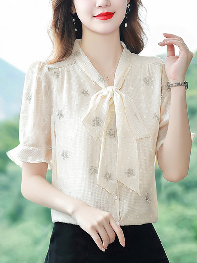 Bow-Knot Floral Chiffon Shirt for Women, New Summer Style, High-End, Light Luxury, Stylish, Age-Reducing Top, Short-Sleeved, Beautiful Shirt