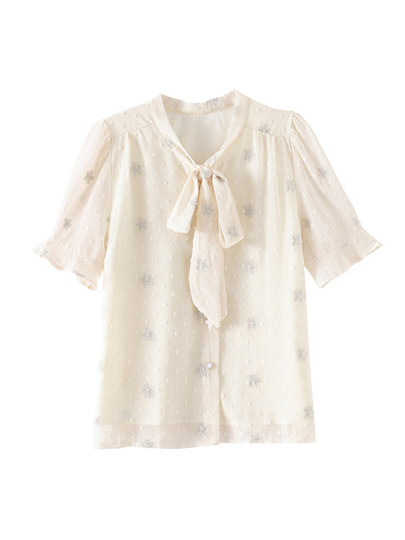 Bow-Knot Floral Chiffon Shirt for Women, New Summer Style, High-End, Light Luxury, Stylish, Age-Reducing Top, Short-Sleeved, Beautiful Shirt