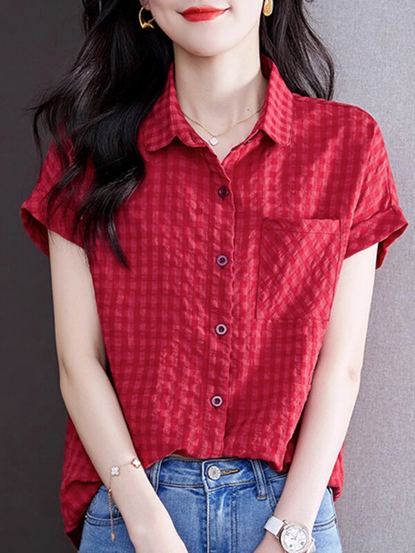 Cotton and Linen Shirt for Women, Short-Sleeved, 2025 New Summer Versatile Plaid Top, Women's Short-Sleeved Chic and Stylish Shirt