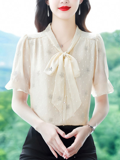 Bow-Knot Floral Chiffon Shirt for Women, New Summer Style, High-End, Light Luxury, Stylish, Age-Reducing Top, Short-Sleeved, Beautiful Shirt