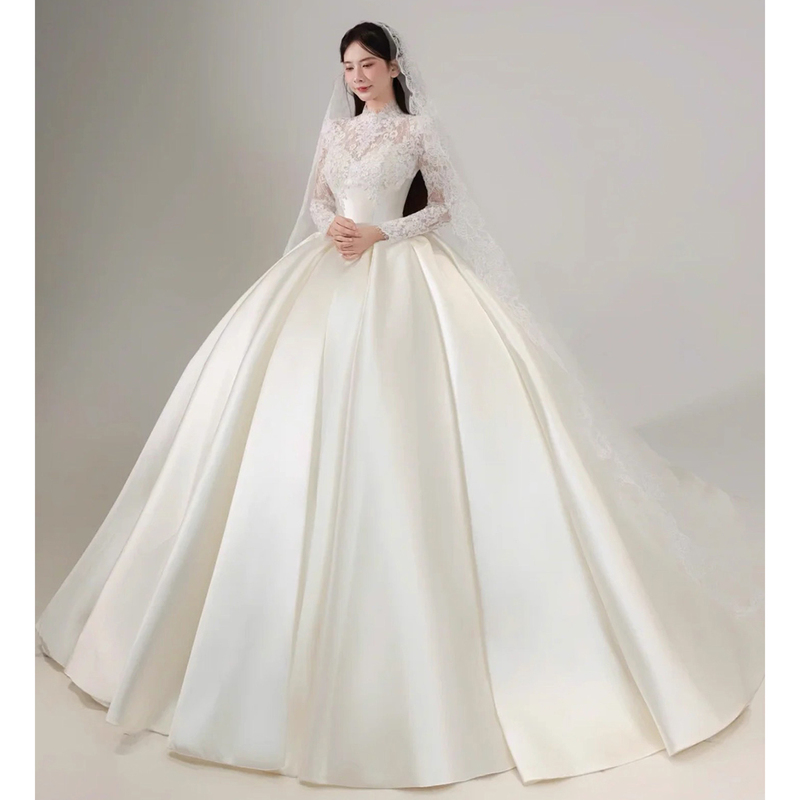 French-Style Wedding Dress 2026 New Model Long-Sleeve Simple Bride Wedding Gown Lace Satin High-End Reception Main Dress