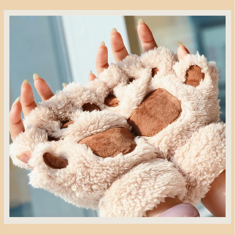 Cat Paw Gloves Winter Female Korean Version Half Finger Male Thickening Plush Cute Student Fashion Keyboard Bear Palm hanging neck bracelet