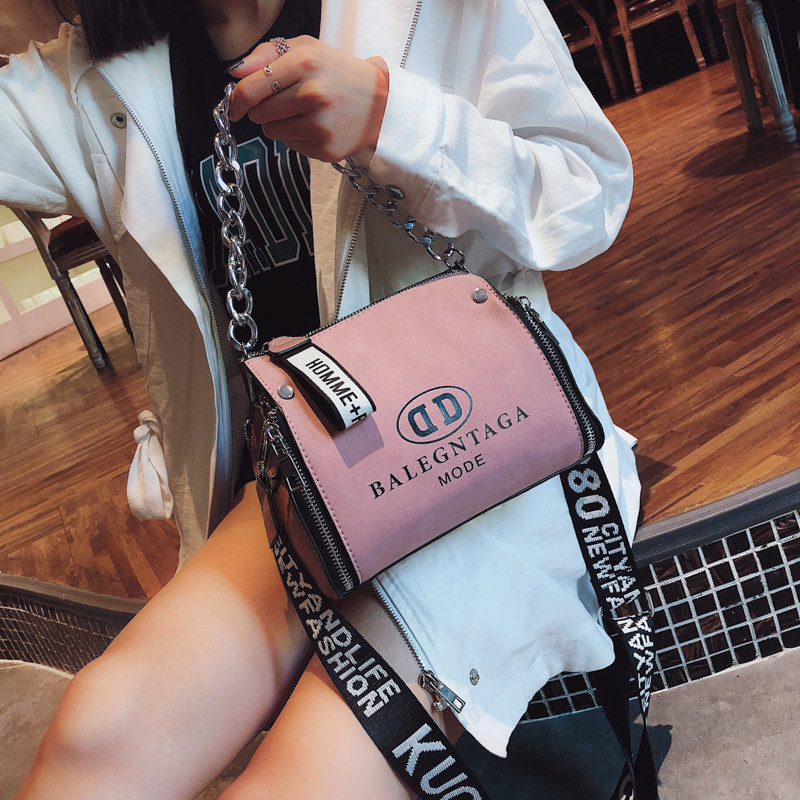 Singapore women's bag 2021 new official qualified fashion wide shoulder strap bucket bag Korean version frosted single shoulder inclined satchel bag