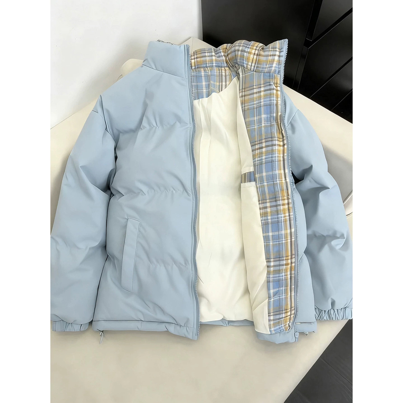 Light Blue American-Style Short down Cotton Jacket for Men, Winter Plaid Patchwork Design, Thickened Couple's Puffer Jacket