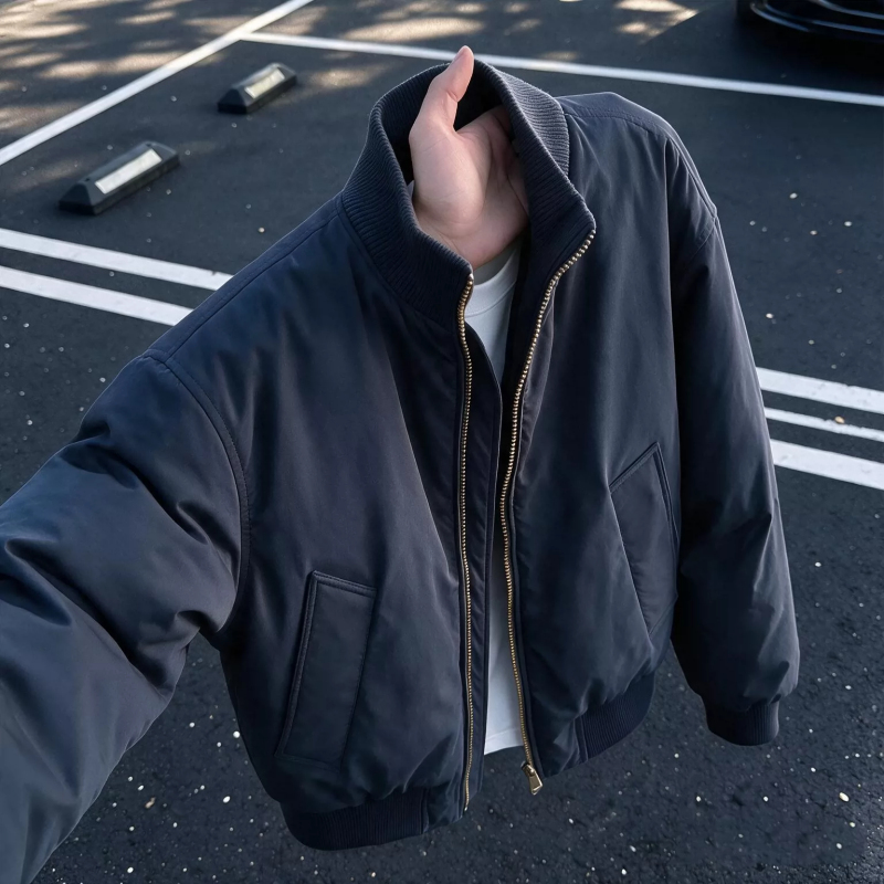 Navy Blue Bomber Flight Jacket down Cotton Coat Men's Winter Thickened Warm Stand Collar Cotton Short Jacket