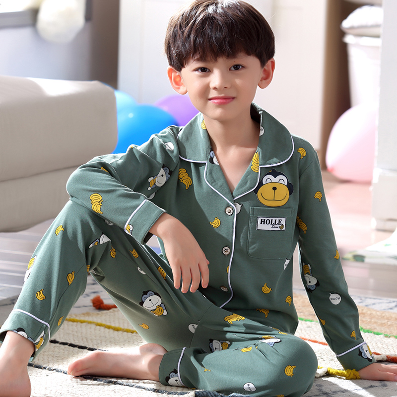 Bộ đồ ngủ bé trai mập mập 12-15 tuổi Quần cotton mùa thu và mùa đông mẫu cotton dài tay hoạt hình phù hợp với bé trai pijama ngắn tay