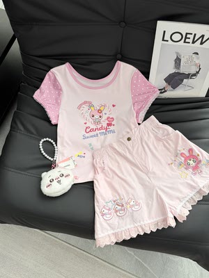 RichGirl's self-made cute heart-shaped rabbit printed short-sleeved shirt and embroidered rabbit duckling shorts two-piece set