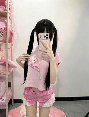 RichGirl Japanese-style soft girl pink cartoon rabbit print short-sleeved T-shirt, new youthful, sweet and slimming short top