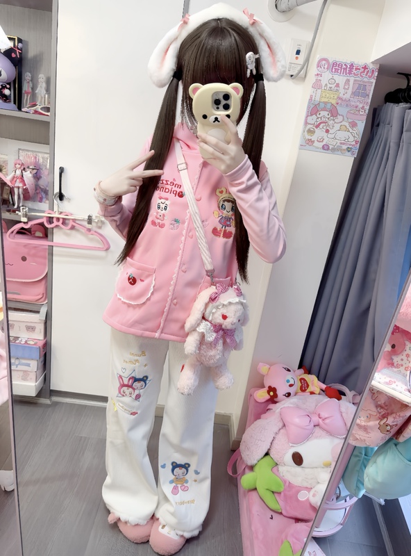 Richgirl Girl's Japanese-Style Cute Embroidered Mp Exquisite Vest Pink + Bunny Embroidered White Pants Set