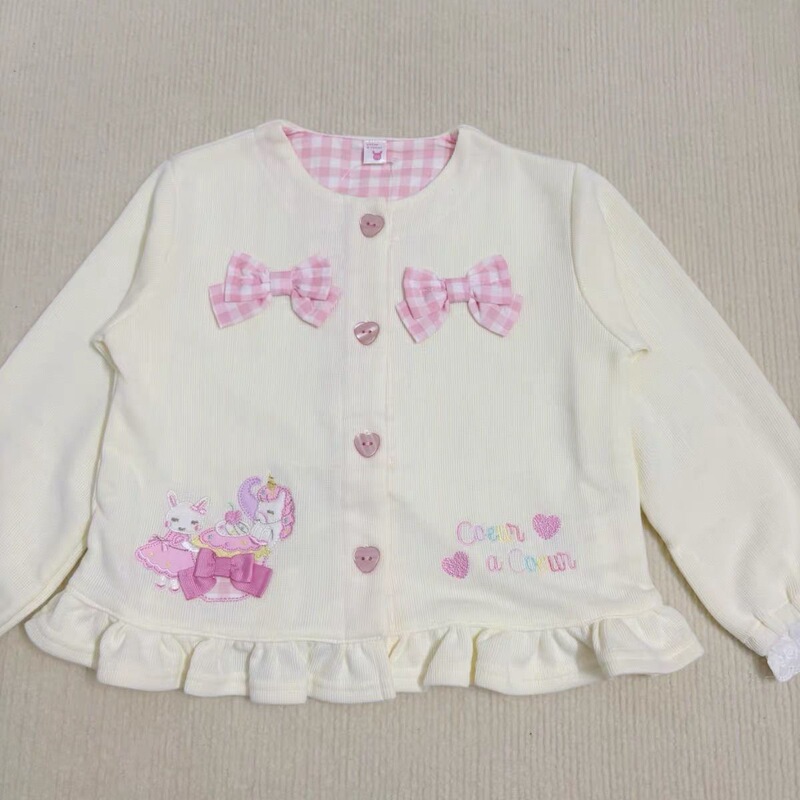 Japanese-Style Soft Girl Cream-Colored Knit Cardigan with Girly Pink Plaid, Bow Embroidery, Lace Trim, Ruffles, Wide and Sweet, Versatile