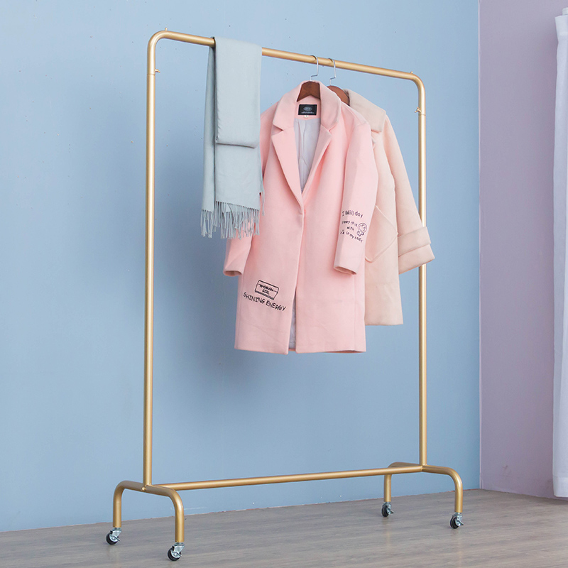 Golden clothes hanger floor folding indoor single pole style clotheshorse bedroom with removable clothes hanger home with wheels