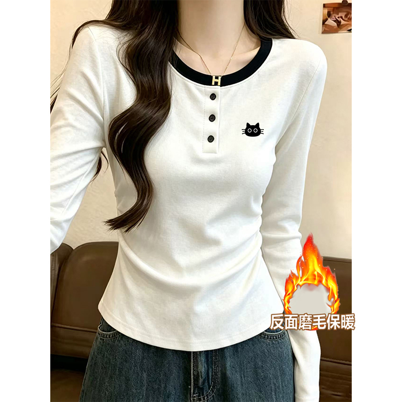 Korean-Style Cinched Waist Top for Women, Autumn and Winter 2026 New Style, Fleece-Lined, Warm Inner Layer, Stylish T-Shirt That Can Be Worn Outside