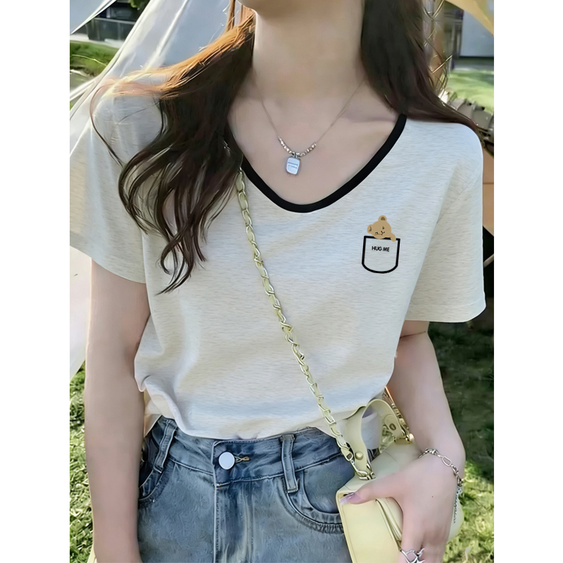 Super Pretty and Unique V-Neck Top for Women, Summer 2026 New Korean Style, Super Popular, Age-Reducing, Slimming, Pure Cotton Short-Sleeve T-Shirt