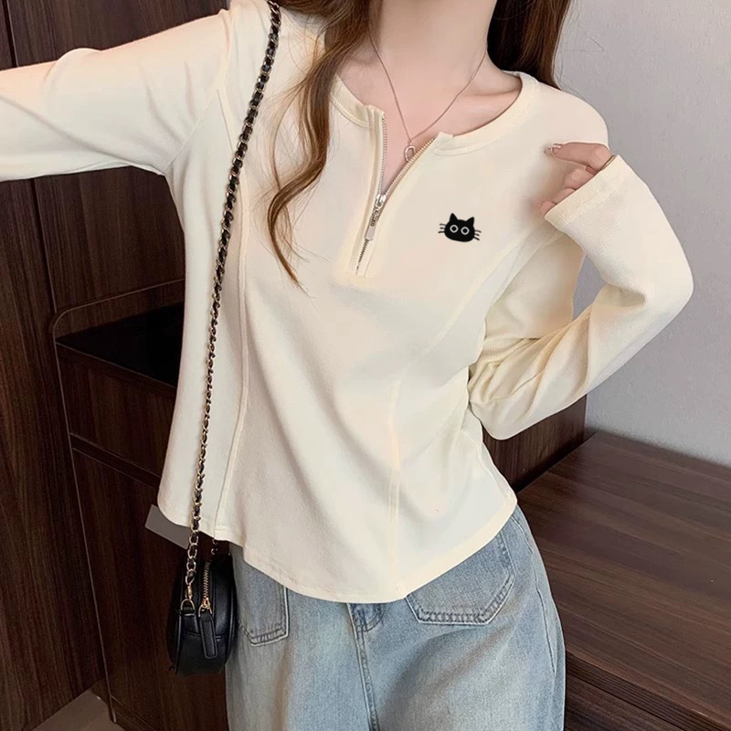 2025 Early Autumn New Korean Style Beautiful Half-Zip Top for Women, Great for Wearing Alone or as an Inner Layer, Stylish T-Shirt