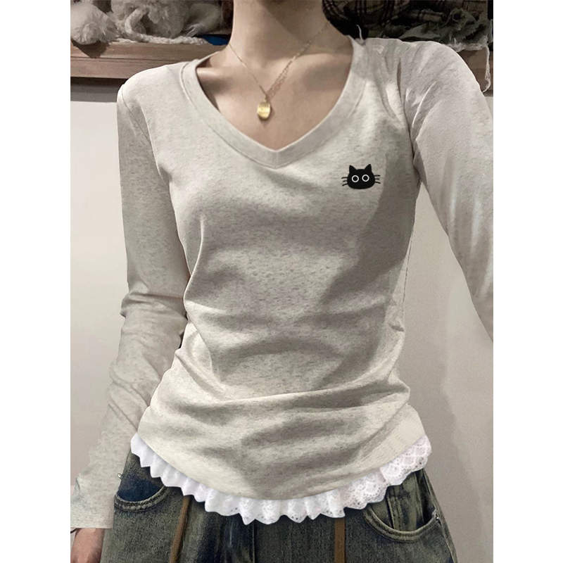 Very Pretty V-Neck Top for Women, 2026 Spring and Autumn New Popular Lace Cinched Waist Long-Sleeve Inner Layering T-Shirt Very Pretty V-Neck Top for Women, 2026 Spring and Autumn New Popular Lace Cinched Waist Long-Sleeve Inner Layering T-Shirt