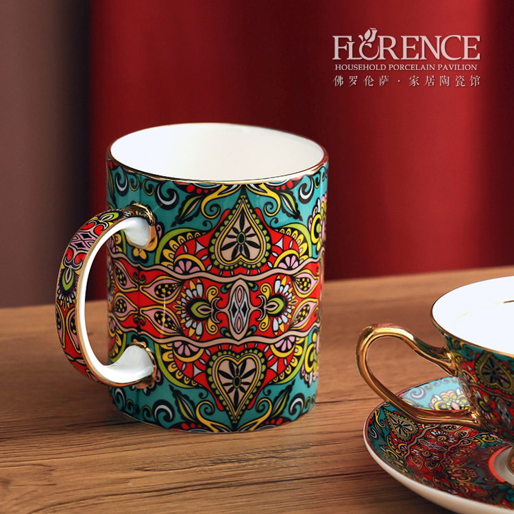 Creative European-Style Palace Bone China Mug, Household Ceramic Retro Black Tea Coffee Cup and Saucer with Lid and Spoon