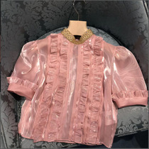 Pink collar shirt female design sense niche 2021 new summer wooden ear temperament Joker slim shirt