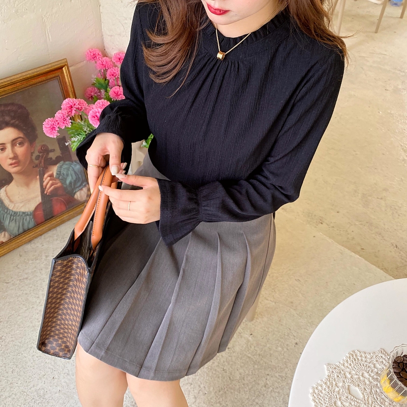 Multi-Treasure Large Size Women's Dress 2021 Autumn Winter New Agaric Side Horn Sleeve Blouse Jacket Retro Sweet And Small Standing Collar Shirt