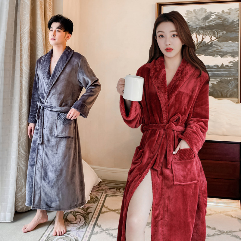 Bathrobe men's autumn winter long version of coral suede plus suede thickened pyjamas lovers'flannel pyjamas ladies' winter home clothes