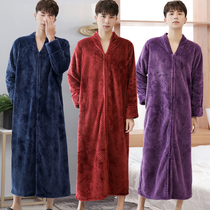 One-piece pajamas mens autumn and winter flannel extended Robe Womens one-piece zipper nightgown warm couple bathrobe