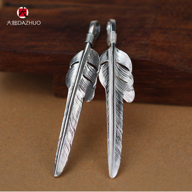 Da Zhuo handmade Larry Smith wind-cut feather pendant 925 sterling silver men's and women's feather single pendant retro silver jewelry