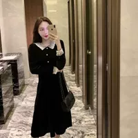 Hàn quốc phiên bản của ngọt ngào ren búp bê cổ áo cao eo eo dài ăn mặc nữ mùa thu và mùa đông tính khí thanh lịch váy retro đầm đi đám cưới