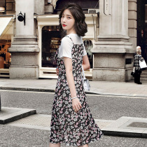 Harness Broken Floral Dress Dress Woman Summer Dress 2021 New Small Sub style Lean Fake Two Suit Skirt