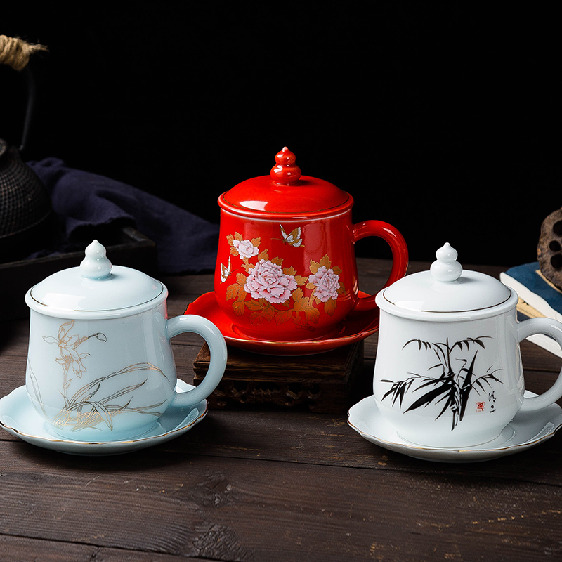 Creative Chinese wind ceramic cups with cover with dish make tea cup office tea mugs can be customized