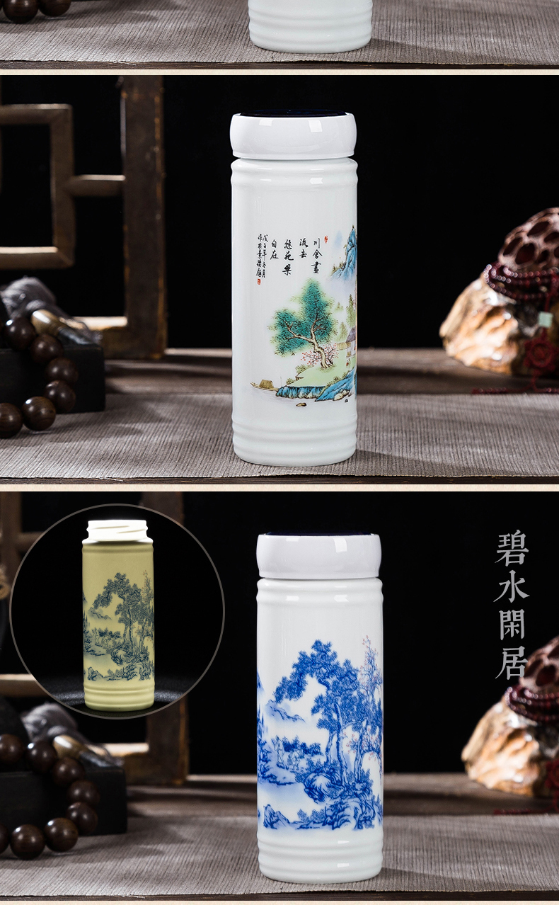 Jingdezhen blue and white porcelain cup double ceramic vacuum tank portable office cup with cover gift custom mugs