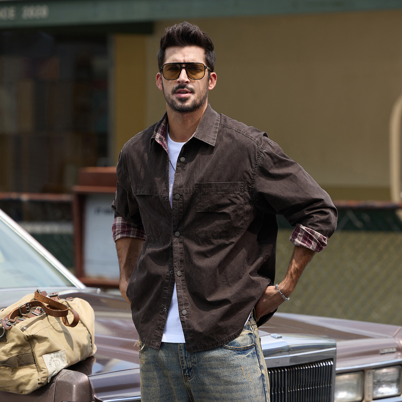 American Retro Style Loose Shirt, Reversible Plaid Shirt, Men's Shirt, Couple's Shirt, Lapel Collar, Men's Long-Sleeved Casual Shirt
