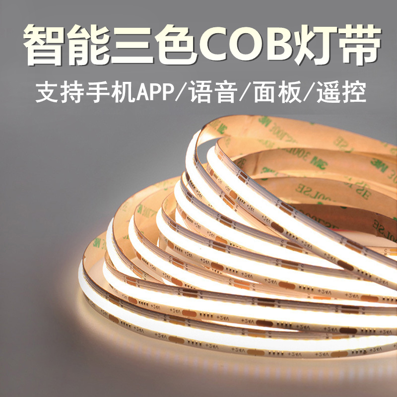 Intelligent Three-Color Cob Light Strip with Dimming and Color Adjustment for Home Decoration, Living Room Ceiling, Double Eyelid Light, Wine Cabinet, 24V Flexible Linear Light Strip