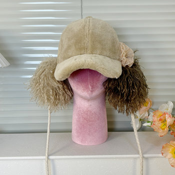 Designer autumn and winter contrast color puffy teddy roll tie earmuffs two-in-one baseball cap forest style peaked cap