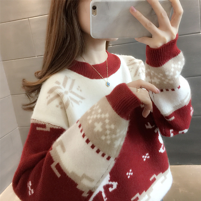Fleece-Lined Thick Sweater for Women, New Autumn and Winter Round Neck Pullover, Long-Sleeved, Loose-Fitting, Stylish Outerwear, Loose Knit Base Shirt