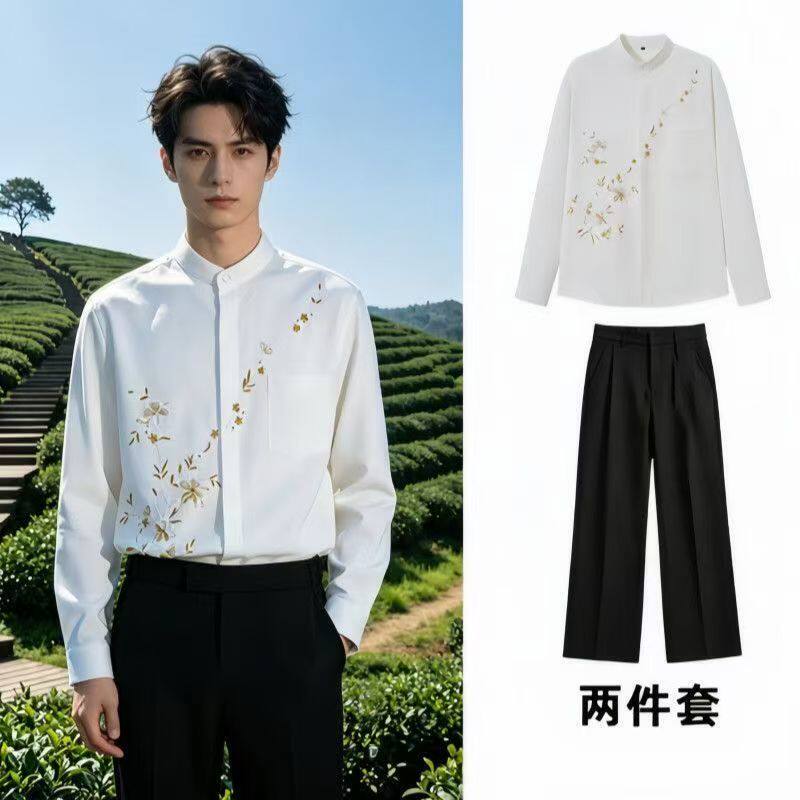Spring and Autumn New Chinese-Style Men's Thin Wedding Attire, High-End Stand-Collar Shirt, Korean-Style Casual National Style Embroidered Shirt Spring and Autumn New Chinese-Style Men's Thin Wedding Attire, High-End Stand-Collar Shirt, Korean-Style Casual National Style Embroidered Shirt
