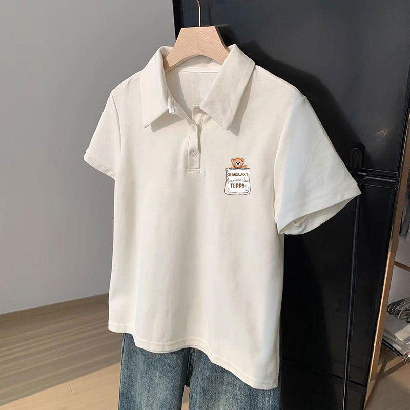 White Polo Shirt Short-Sleeved Women's Korean Style Summer 2026 New Popular Loose Regular Shoulder T-Shirt College Style Top White Polo Shirt Short-Sleeved Women's Korean Style Summer 2026 New Popular Loose Regular Shoulder T-Shirt College Style Top