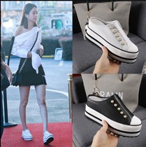 Star Zhao Liying same leather thick bottom muffin small white shoes female summer half-over bag head increased casual cool