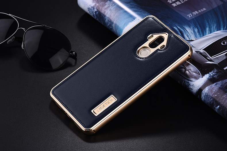 iMatch Luxury Aluminum Metal Bumper Premium Genuine Leather Back Cover Case for Huawei Mate 9
