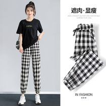 Black and white lattice pants womens autumn loose straight 2021 thin new nine-split foot casual Harlan radish pants tide
