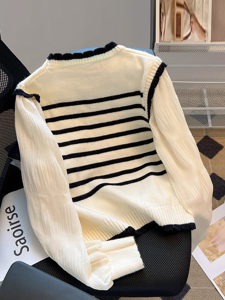 French Spliced Stripe Fake Two Piece Knitwear Women's Early Autumn Age Reducing Beautiful Foreign Sweater Sweet Bubble Sleeve Top