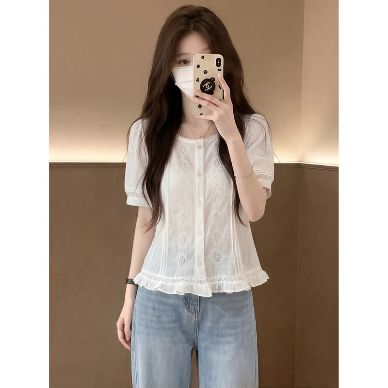 French-Style Lace-Trimmed Round-Neck Puff-Sleeve Shirt for Women, New Summer Style, Loose-Fitting, Age-Reducing Short-Sleeve Lace Top