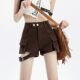 European and American vibe retro hottie high-waist denim shorts women's summer design strap pocket overalls wide-leg pants
