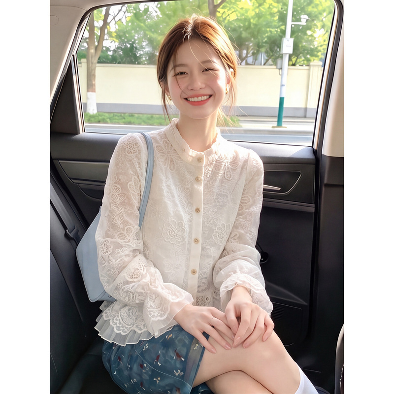 Lace Embroidered Ruffled Stand-Up Collar Long-Sleeved Shirt for Women, Autumn Korean Style, Palace Style, Ruffled Pleated Cuffs Top