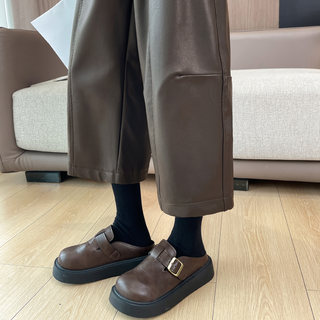Retro Brown Pu Leather Wide-Leg Pants for Women 2025 Autumn and Winter New High-Waisted Slimming Loose Drape Eight-Point Scimitar Pants